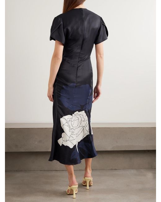 Victoria Beckham Blue Eve Layered Gathered Floral-Print Satin Midi Dress