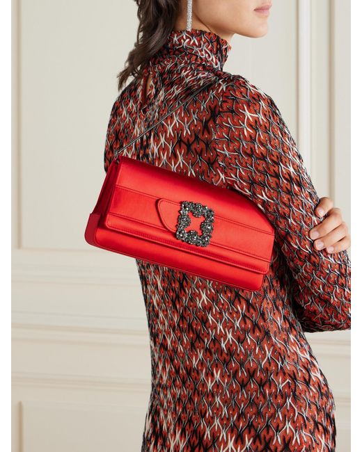 Manolo Blahnik Red Gothisi Crystal-Embellished Satin Clutch
