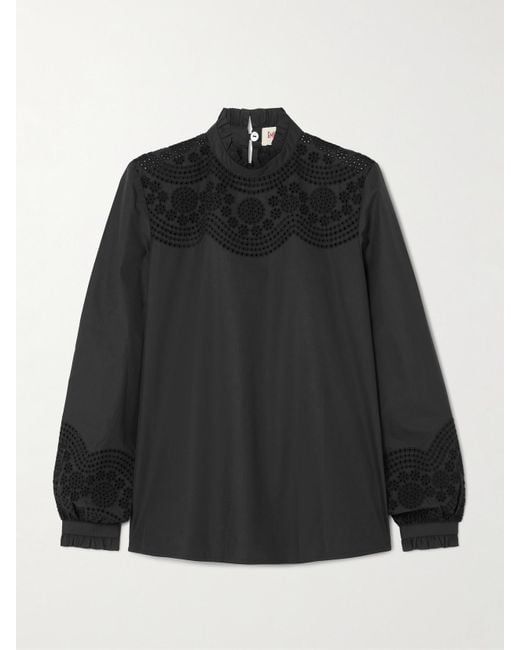 Emporio Sirenuse Black Mona Bluse Aus Popeline Aus Einer Baumwollmischung Mit Lochstickerei
