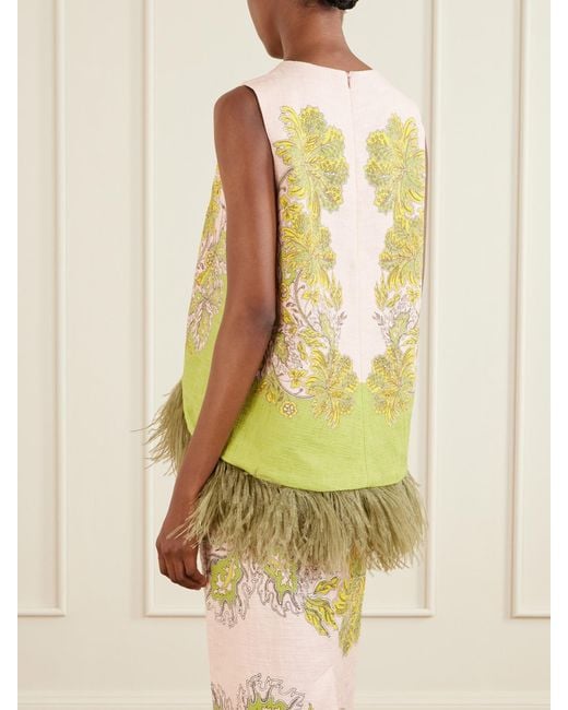 LaDoubleJ Yellow La Scala Printed Feather-Trimmed Cotton-Blend Top