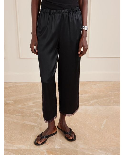 Staud Black Kirby Cropped Lace-Trimmed Silk-Blend Satin Wide-Leg Pants