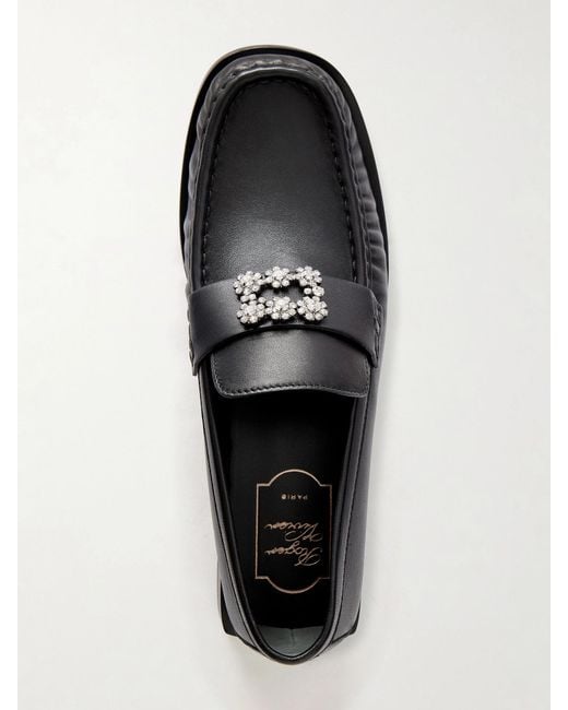 Roger Vivier Black Viv Moc 25 Embellished Gathered Leather Loafers