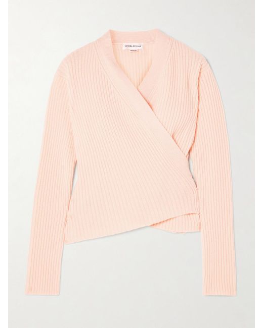 Victoria Beckham Pink Cardigan Aus Einer Gerippten Woll-Kaschmirmischung Mit Wickeleffekt