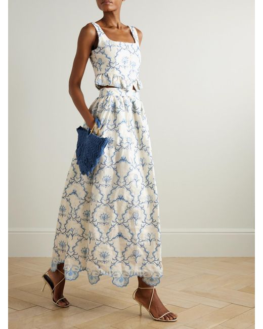 Agua Bendita White Eslabón Floritura Cropped Embroidered Linen Peplum Top