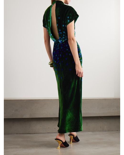 Saloni Green Fabienne Gathered Printed Velvet Midi Dress