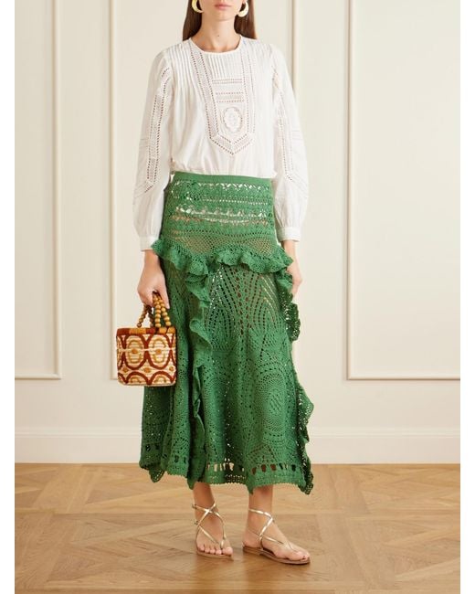 Ulla Johnson Green Floretta Ruffled Crocheted Cotton Midi Skirt