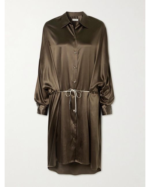 Dries Van Noten Green Silk-Blend Satin Shirt Dress