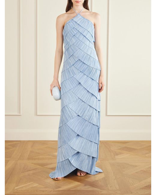 Cult Gaia Blue Marsla Plissé-Satin Halterneck Maxi Dress