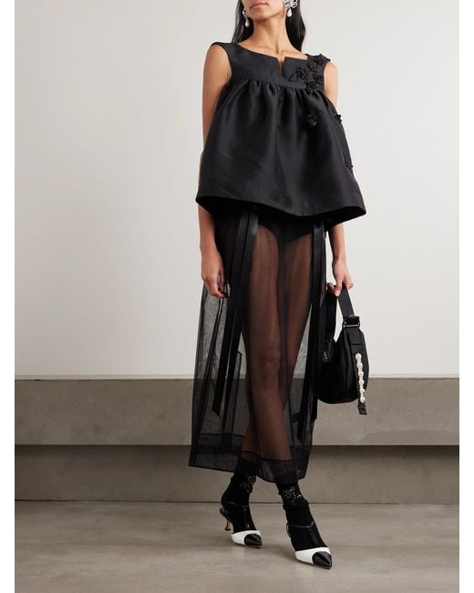 ShuShu/Tong Black Gathered Appliquéd Bead-Embellished Crepe Top