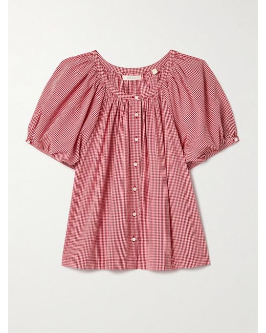 Doen Pink June Gathered Gingham Organic Cotton-Voile Blouse