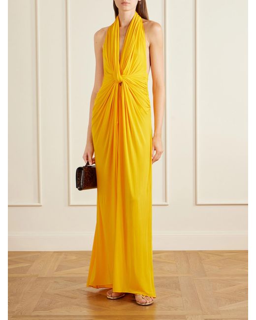 Alex Perry Yellow Halterneck Ruched Jersey Gown