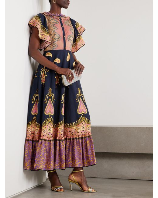 Robe Midi En Mousseline De Coton À Imprimé Cachemire, Fronces Et Volants Valentino Garavani en coloris Blue