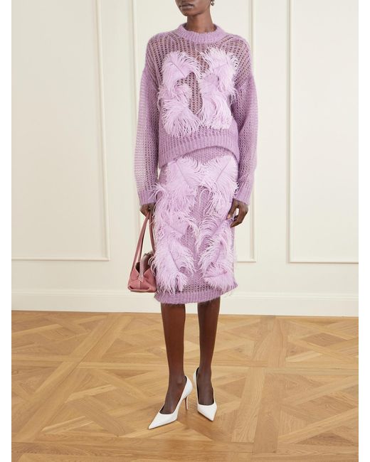 The Attico Purple Feather-Trimmed Crochet-Knit Midi Skirt