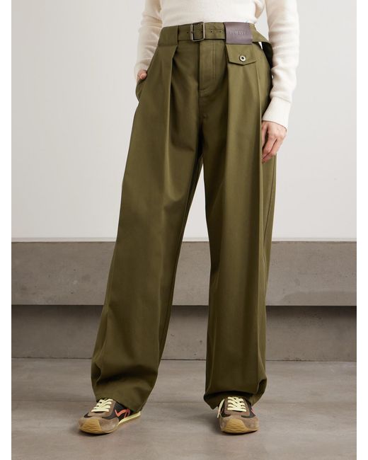 Loewe Green Belted Leather-Trimmed Pleated Cotton And Silk-Blend Pants