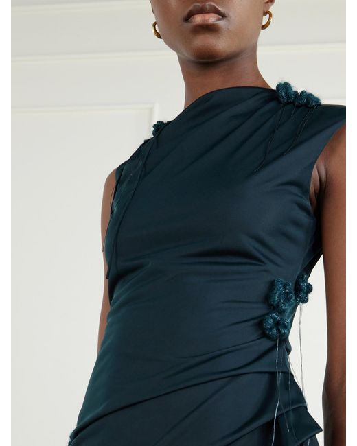 PAULINE DUJANCOURT Blue Najia Floral-Appliquéd Gathered Asymmetric Jersey Midi Dress