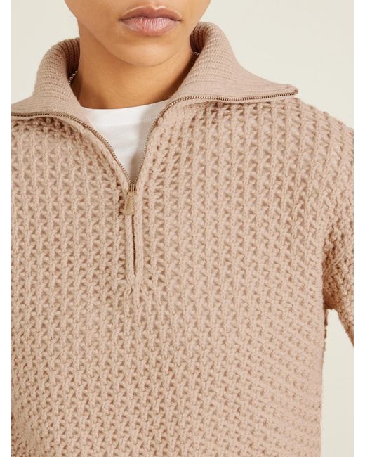 Max Mara Natural Open-Knit Metallic Wool-Blend Half-Zip Sweater