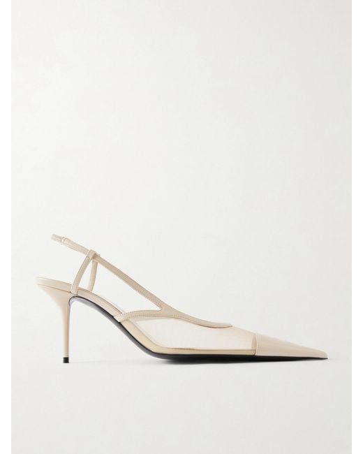 Saint Laurent White Renée Cassandre-Embroidered Patent Leather-Trimmed Mesh Slingback Pumps