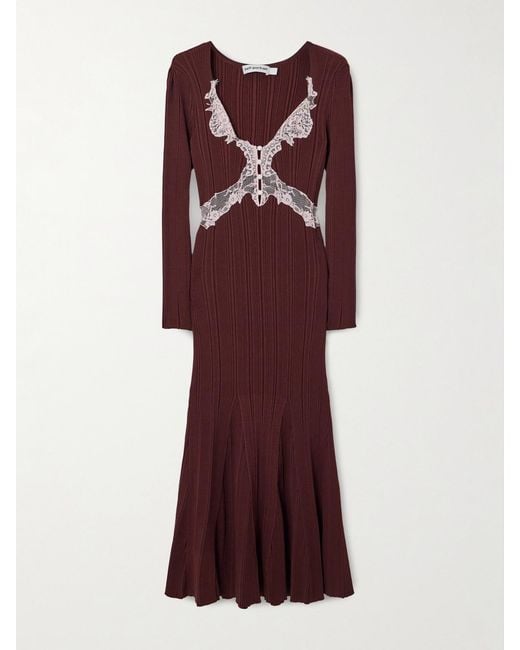 Self-Portrait Red Lace-Trimmed Ribbed-Knit Midi Dress