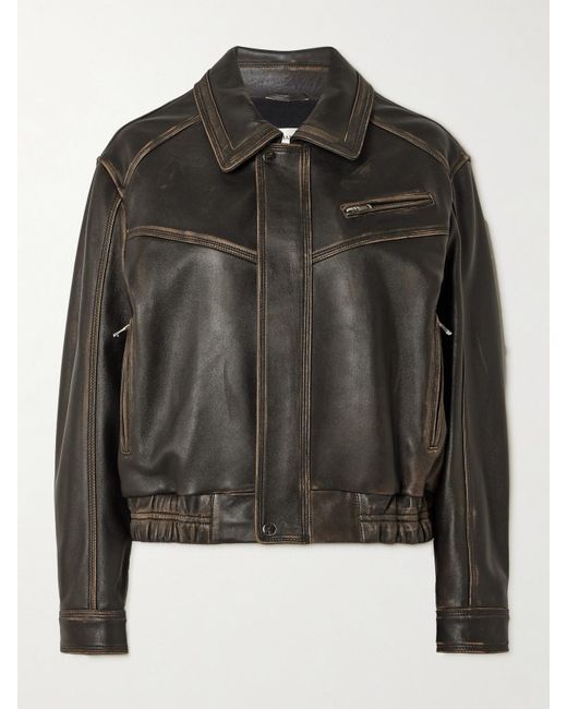 Nour Hammour Black Clint Oversized Paneled Distressed Leather Bomber Jacket