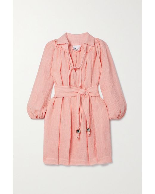 Lisa Marie Fernandez Poet Belted Linen-blend Gauze Mini Dress in Pink ...