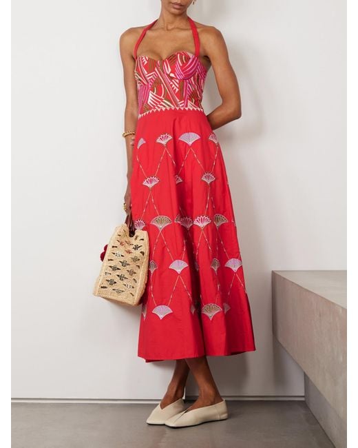 Emporio Sirenuse Red Lotty Neckholder-Midikleid Aus Popeline Aus Einer Baumwollmischung Mit Zierperlen Und Stickereien