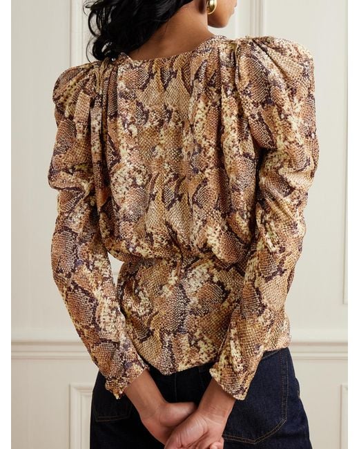 Isabel Marant Brown Marlin Ruched Snake-Print Silk-Blend Devoré Blouse