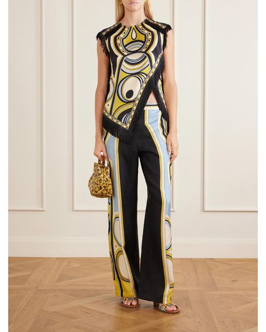LaDoubleJ Blue Club Printed Silk-Twill Wide-Leg Pants