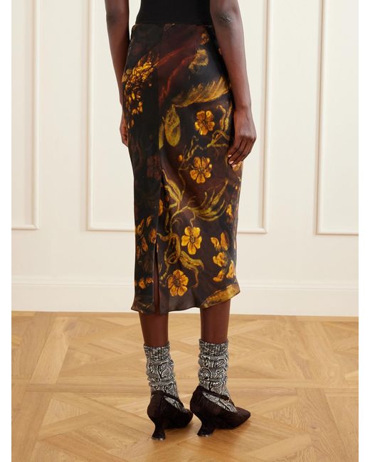 Dries Van Noten Brown Floral-Printed Silk-Satin Midi Skirt