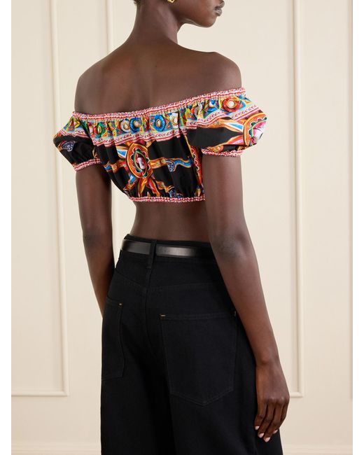 Dolce & Gabbana Black Carretto Off-The-Shoulder Cropped Printed Cotton-Poplin Top