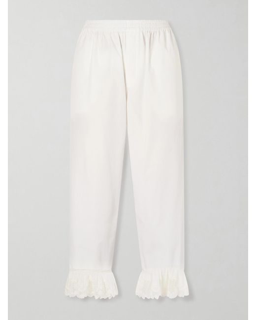 Saint Laurent White Cropped Ruffled Lace-Trimmed Cotton-Poplin Straight-Leg Pants