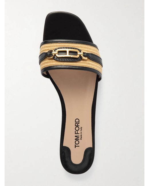Tom Ford White Logo-Embellished Raffia-Trimmed Leather Slides