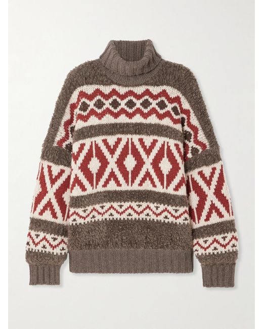 Brunello Cucinelli Red Paneled Jacquard-Knit Wool And Cashmere-Blend And Mohair-Blend Turtleneck Sweater