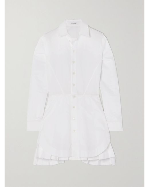 Alaïa White Archetypes Layered Pleated Cotton-Blend Poplin Mini Shirt Dress