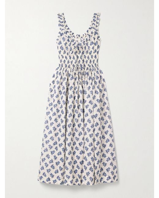 Doen White Emmaretta Shirred Floral-Print Organic Cotton-Voile Midi Dress