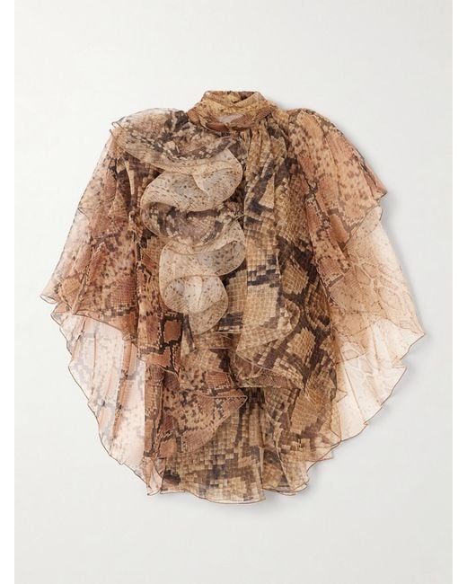 Zimmermann Natural Ruffled Layered Snake-Print Silk-Chiffon Blouse