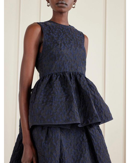 CECILIE BAHNSEN Blue Margueritte Embroidered Cotton-Blend Cloqué Peplum Top