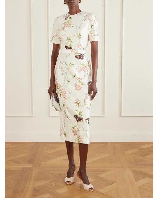 Erdem Natural Belted Floral-Print Crinkled Satin Midi Dress