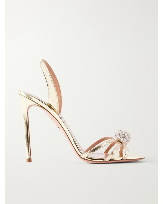 Aquazzura Natural Crystal Bubble 105 Embellished Metallic Leather Slingback Sandals