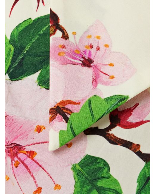 Oscar de la Renta White Belted Pleated Printed Cotton-Blend Poplin Midi Dress