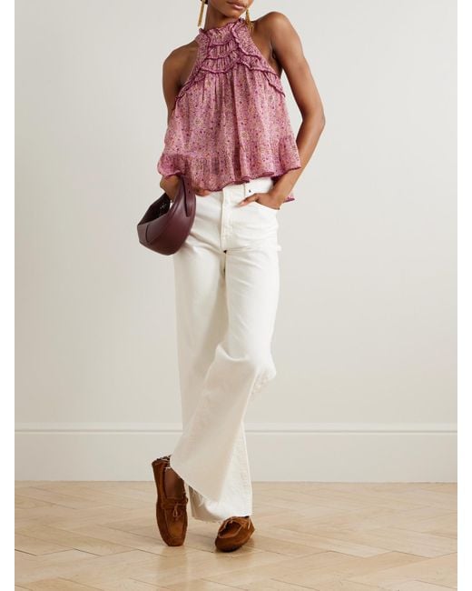 Isabel Marant Purple Carlee Ruffled Embroidered Floral-Print Cotton-Voile Top
