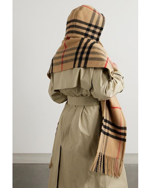 Burberry Hooded Checked Fringed Wool And Cashmere-blend Scarf in Natural |  Lyst