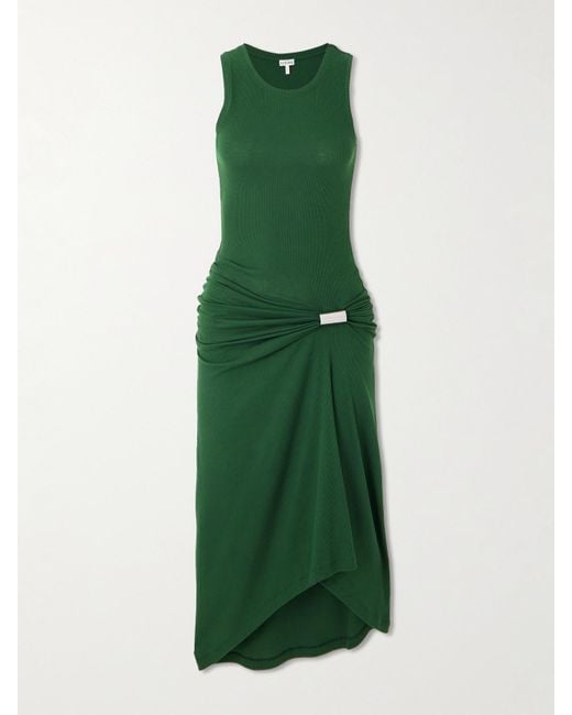 Loewe Green Asymmetric Ruched Ribbed Stretch-Cotton Jersey Dress