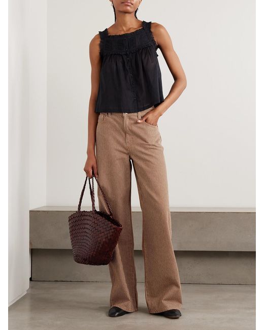 Doen Black Fidella Cropped Lace-Trimmed Organic Cotton-Voile Top
