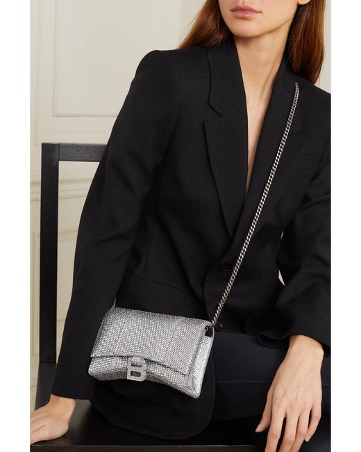 Balenciaga Gray Hourglass Crystal-Embellished Suede Shoulder Bag