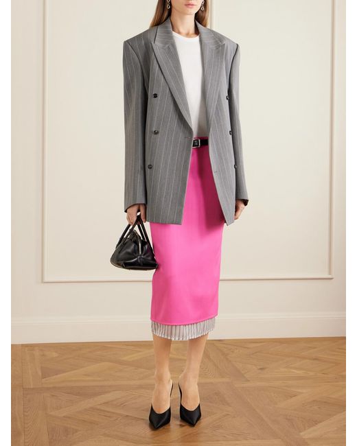 The Attico Pink Layered Striped Wool-Twill Midi Skirt
