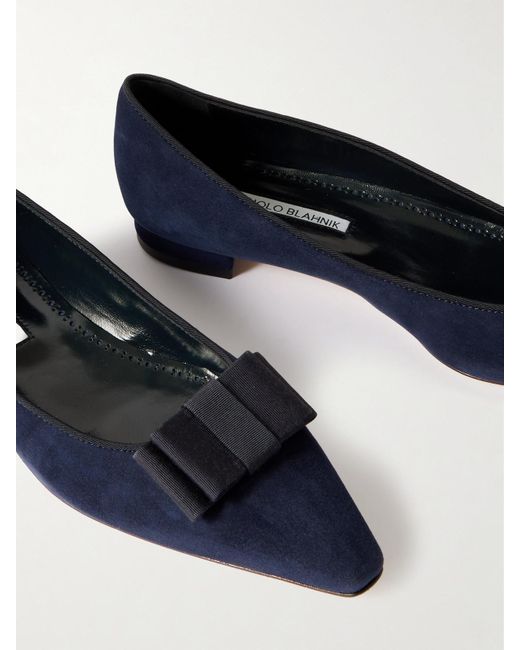 Manolo Blahnik Blue Reador 10 Bow-Detailed Suede Point-Toe Flats