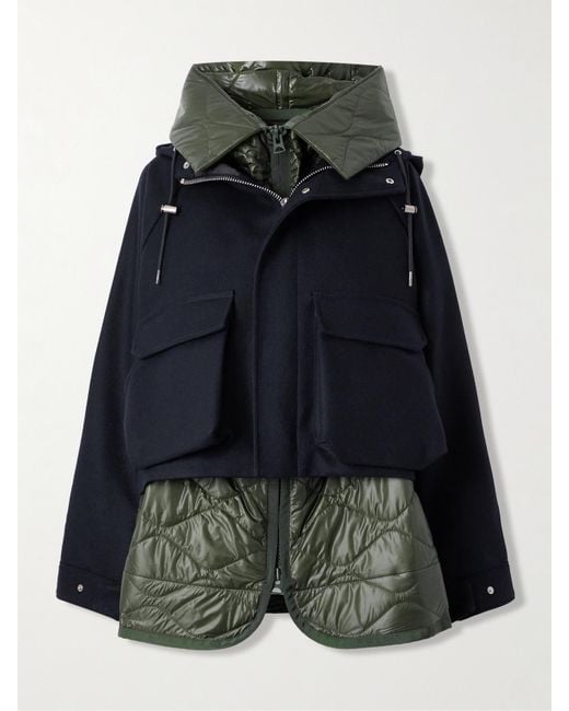 Sacai Black Jacke Aus Wolle Und Gestepptem Shell Mit Kapuze
