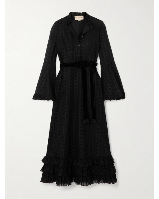 Valentino Garavani Black Belted Tiered Velvet-Trimmed Broderie Anglaise Cotton Midi Dress