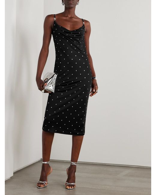 Versace Black Embellished Draped Jersey Midi Dress