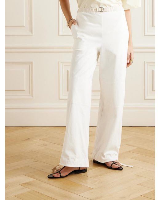 Jil Sander White Belted Embroidered Cotton Straight-Leg Pants